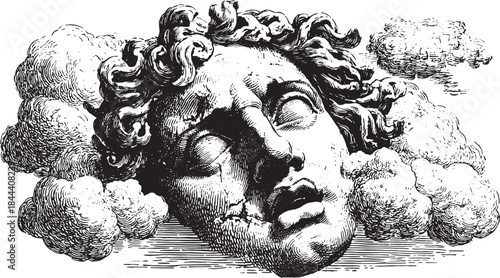 Surreal engraving of a head floating among clouds. Detailed black and white vector illustration showcasing elaborate texture and expression in artwork.