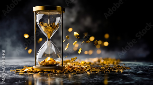 A golden hourglass with gold coins falling from it set against a dark background with more coins scattered around
