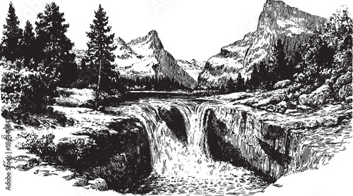 Vintage black and white engraving of a frozen waterfall. Detailed vector illustration showcasing mountains, trees, and a river in a scenic landscape.