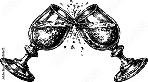 Vintage engraving of clinking glasses in celebration. Retro illustration showcases bubbles and details in a festive vector set.