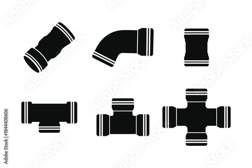 Vector silhouette of set of six black silhouettes of pipe fittings and connectors