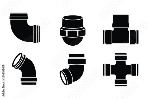 Vector silhouette of set of six black silhouettes of plumbing pipe fittings and connectors