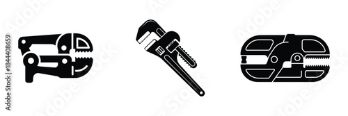 Vector silhouette of set of three plumbing and electrical hand tools icons pliers, pipe wrench, and wire stripper