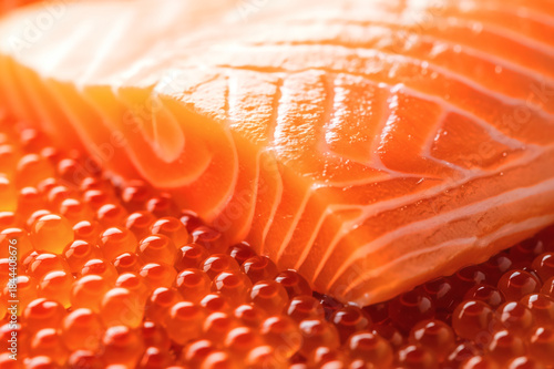 Fototapeta Naklejka Na Ścianę i Meble -  新鮮なサーモンの切り身と輝くイクラを組み合わせた食材イメージ