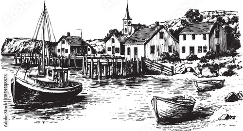 Vintage black and white illustration of boats by a coastline town. A detailed scene in vector format captures a traditional seaside landscape.