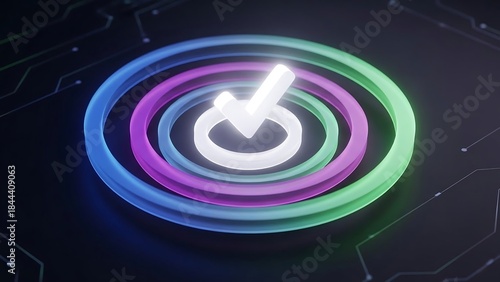 Futuristic Glowing Check Mark Symbol with Concentric Rings.