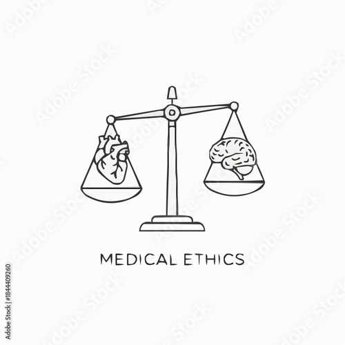 Conceptual illustration of medical ethics with a heart and brain on a balance scale
