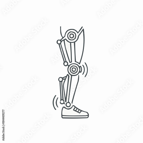 Stylized line art illustration of a robotic leg with articulated joints and a sneaker on the foot