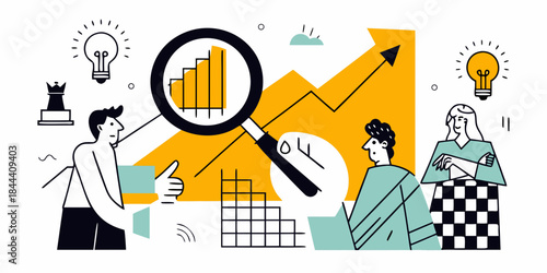 Business strategy innovation and growth illustrated with people and data analysis