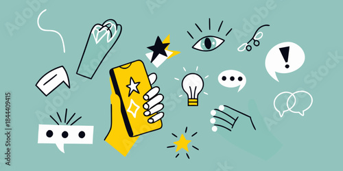 Creative ideas and digital communication illustrated with doodles and a smartphone