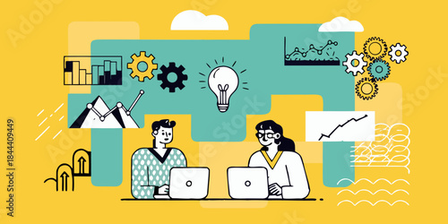 Innovation and collaboration people working on laptops with creative elements