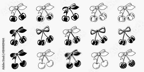 A collection of black and white cherry illustrations with decorative bows