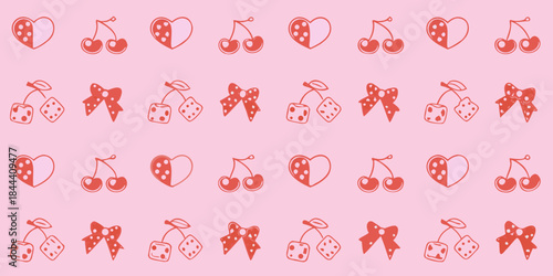 A repeating pattern of hearts cherries musical notes and dice on pink