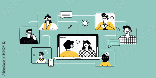Online meeting and virtual collaboration concept with connected people on screens