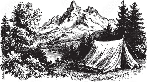Camping tent in black and white illustration. Surrounded by mountains and trees, this vintage vector artwork captures a serene outdoor setting.