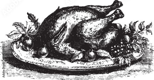 Roasted chicken displayed on an elegant plate with garnishes. This black and white vector illustration is a vintage drawing featuring detailed textures.