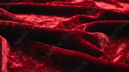Elegant macro slow motion shot of rich textured velvet fabric folds undulating smoothly with deep red and deep black reflections creating an atmosphere of luxury material, background, undulating