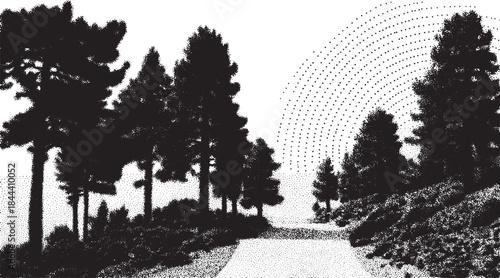 Tree silhouettes along a scenic path in a black and white vector illustration. Simple design featuring nature elements in an outdoor set.