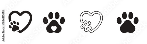 Dog paw print with heart vector illustration silhouette animal domestic cat or pet puppy design black white icon symbol love cute