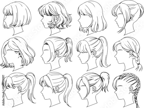 Various womens hairstyles in profile view