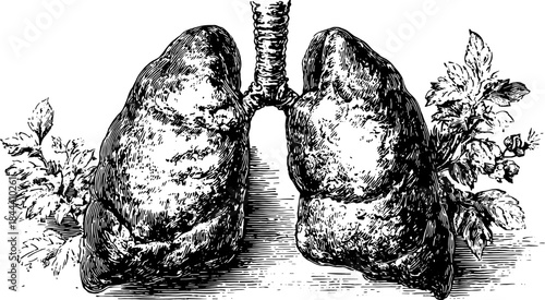 Antique lungs engraving in black outline style. Detailed medical illustration suitable for educational use, featuring a vintage vector design.