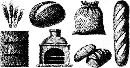 Set of bakery icons featuring bread and wheat in a simple black and white vector illustration, showcasing essential elements of baking.