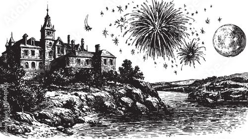 Fireworks over a vintage castle on a hill at night. Detailed vector illustration featuring a scenic landscape with a river and stars.