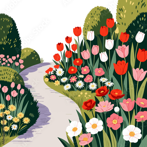 Create a kinds of deferent realistic Foreground of a park with a walking path and flowerbed, vector art white background.