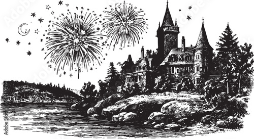 Fireworks display over a vintage castle on a hill at night. Scenic vector illustration featuring detailed trees, stars, and moon in black and white.