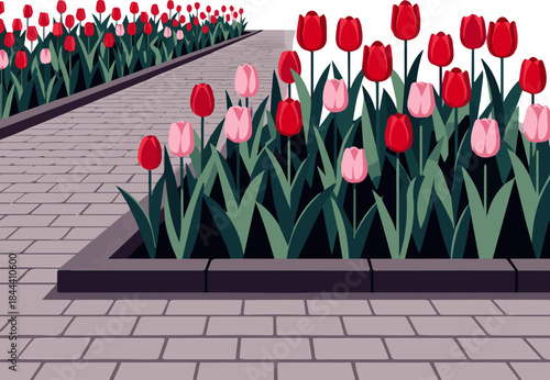 Create a kinds of deferent realistic Foreground of a park with a walking path and flowerbed, vector art white background.