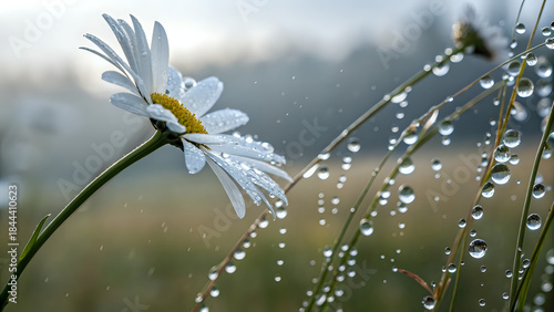 daisy in water, Macro shot of a daisy with raindrops, soft overcast light, details