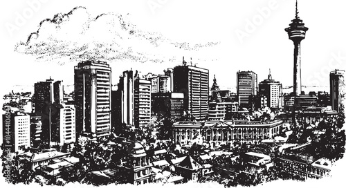 Hand-drawn city skyline with modern buildings and skyscrapers. Black and white illustration set in vector style.