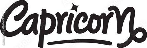 Stylized Capricorn Zodiac Script Vector A bold, hand-drawn vector illustration of the Capricorn zodiac sign. Features the word "Capricorn" in fluid script with a star accent and a stylized Print.