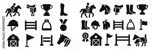 Equestrian Sport Icons Set With Horse Rider Saddle and Trophy