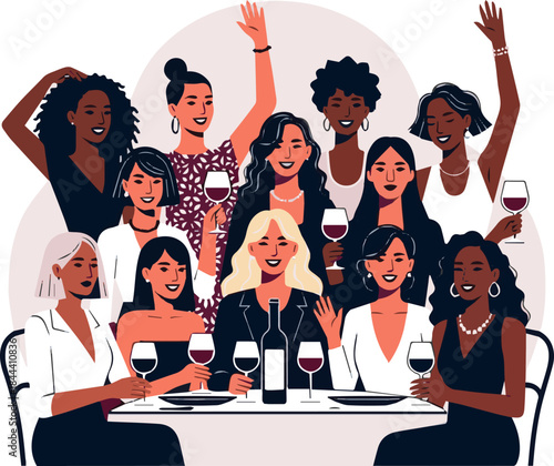 Create a kinds of deferent realistic group of women sitting in a restaurant and drinking wine and celebrating, cut out image vector art white background.