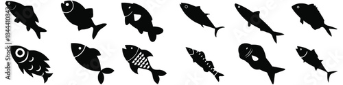 Fish silhouette vector illustration collection set of various sea creatures ocean food aquatic wild animal design graphic element