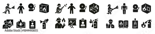 Firefighting and Safety Icons in Black and White Keywords: firefighter, fire, safety, alarm, extinguisher, hose, helmet, person, building, emergency, protection, prevention, alert, danger