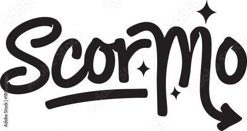 Stock Photo Scorpio Zodiac Vector Logo
Title: Scorpio Zodiac Vector Logo Stylized hand-drawn vector illustration of the Scorpio zodiac sign, featuring a script wordmark with a Print