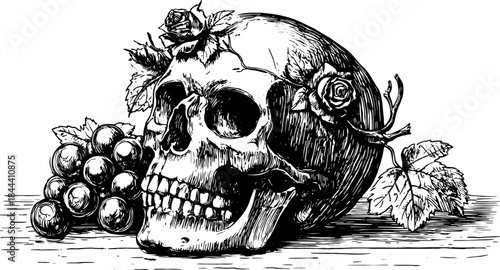 Skull with roses, grapes, and leaves in a detailed black and white ink style. Vintage engraving vector illustration with gothic and nature elements.