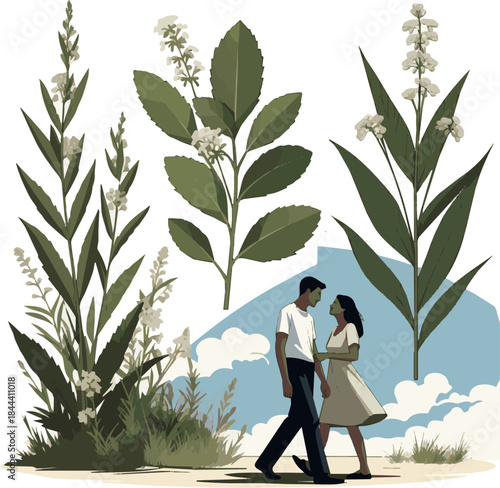 Create a kinds of deferent realistic Man and woman walking casually hand in hand on a sunny summer day and talking vector art white background