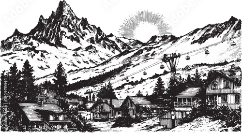 Skyline of a mountain city featuring cabins and ski lifts. Black and white vector illustration showcases an outdoor winter landscape.