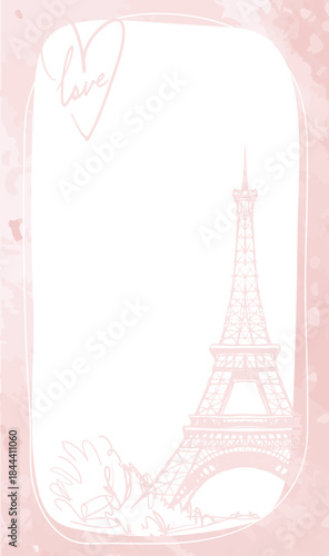 Pink frame with the Eiffel Tower and the inscription love on a white background with copy space. Romantic template, Valentine s Day and travel card. Flat vector illustration.