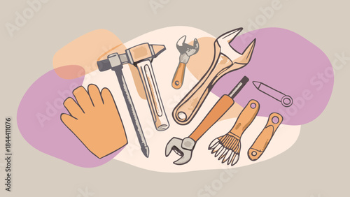A collection of hand drawn tools including wrenches a hammer a glove and brushes artfully arranged on a pastel background with abstract shapes