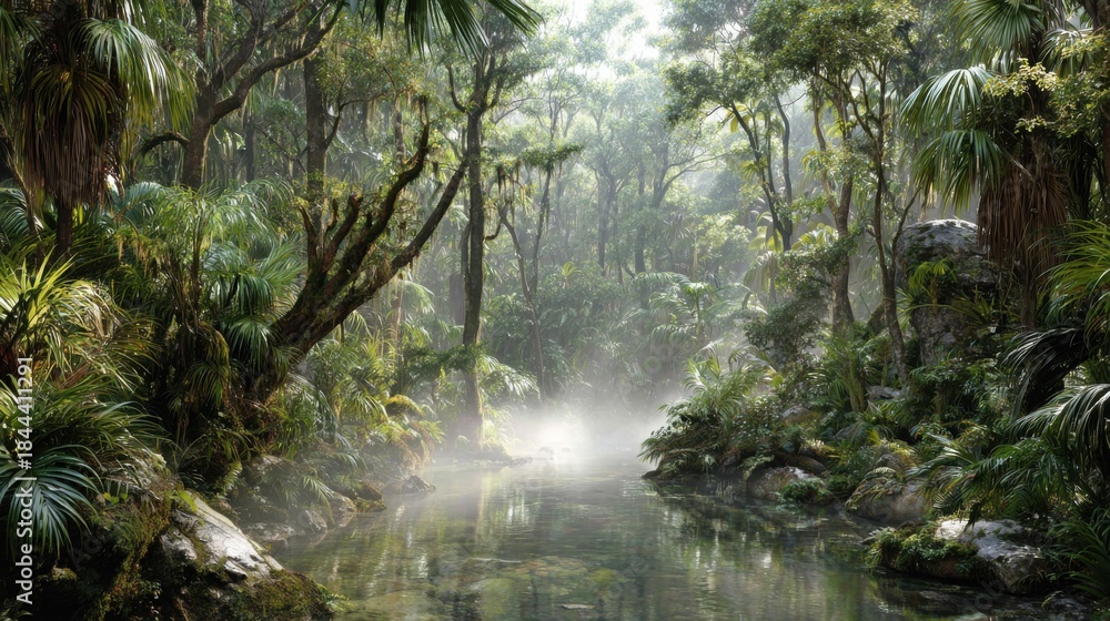 Fototapeta premium Serene Misty Jungle Landscape with Lush Greenery and Calm Water Reflection in Nature's Tranquil Oasis