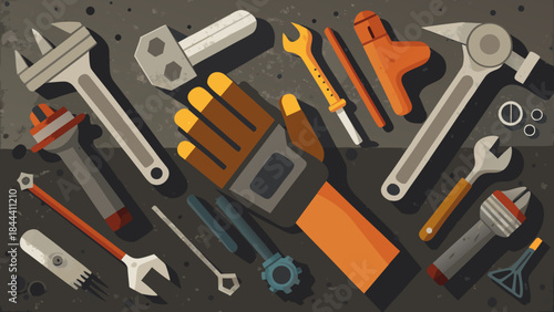 Collection of various tools and a robotic hand arranged on a textured surface with shadows