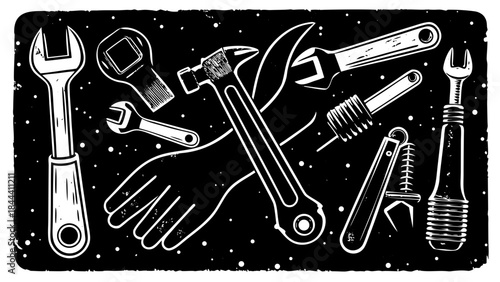 A collection of various hand tools including wrenches a hammer and pliers arranged on a black background with white speckles