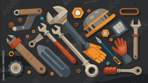 Collection of various tools and safety equipment arranged on a dark textured background representing manual labor and construction