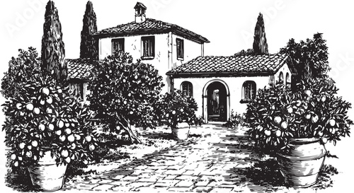 Rustic farmhouse with citrus trees and terracotta pots. Black and white vector illustration showcasing Mediterranean landscape and architecture.