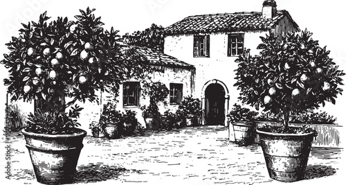 Mediterranean farmhouse with citrus trees in terracotta pots. Vintage black and white vector illustration of a rural courtyard set.