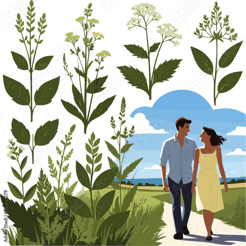 Create a kinds of deferent realistic Man and woman walking casually hand in hand on a sunny summer day and talking vector art white background.